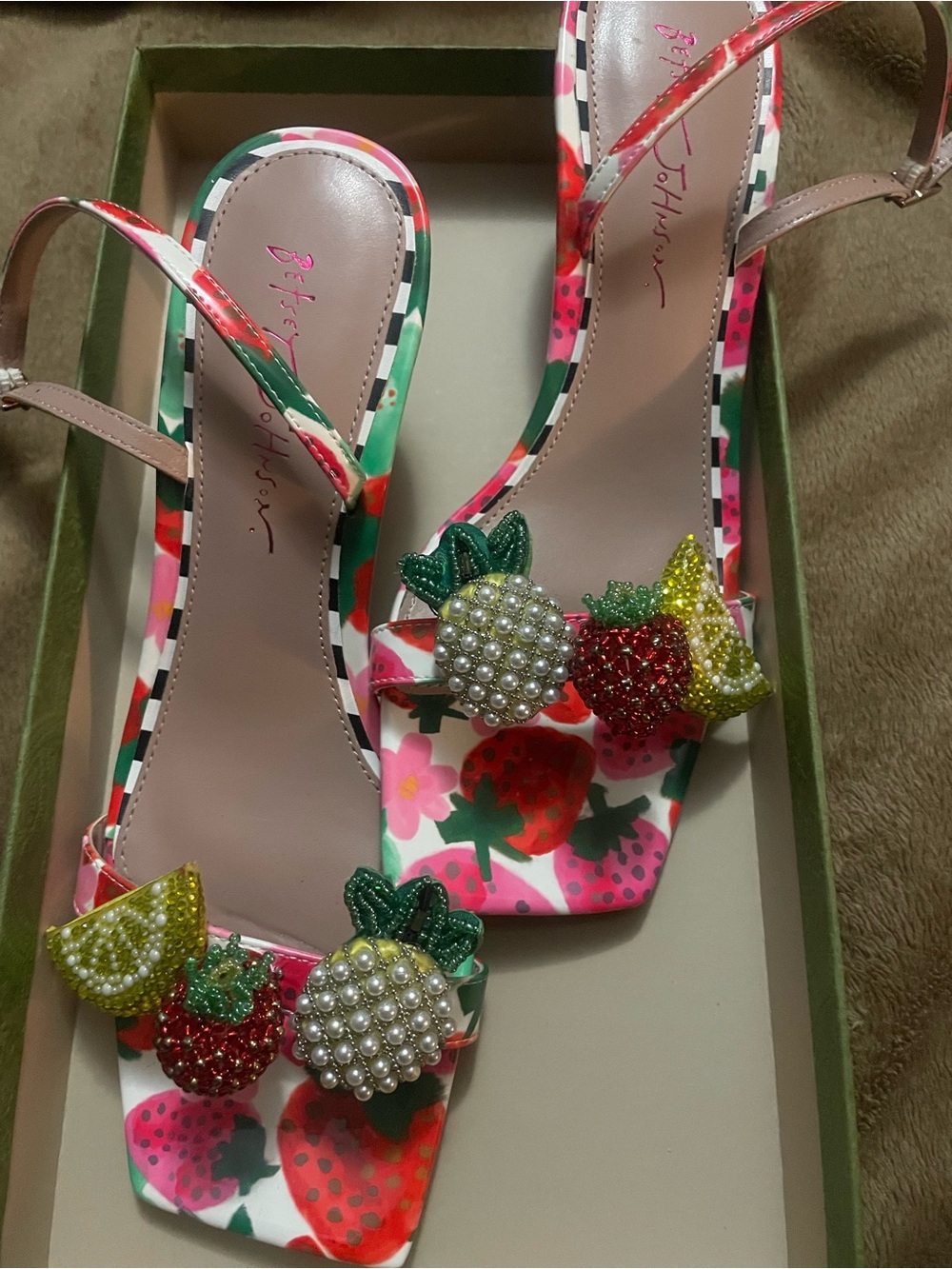 Betsey Johnson Strawberry Embellished Floral Slingback Sandals - Pink/Green